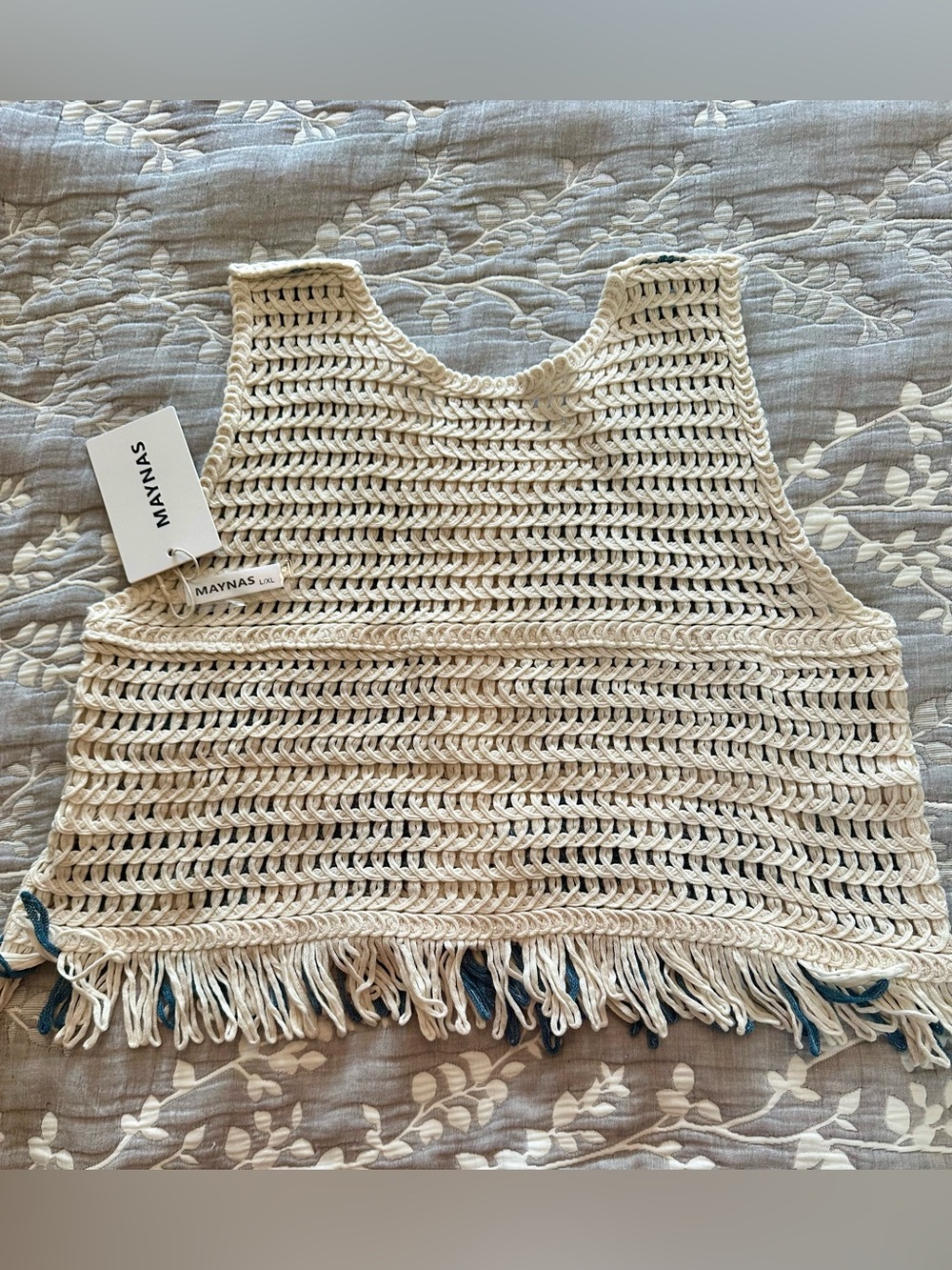 MAYVAS Crochet Fringe Vest in Cream/Blue Sz L/XL NWT - Picture 3 of 5